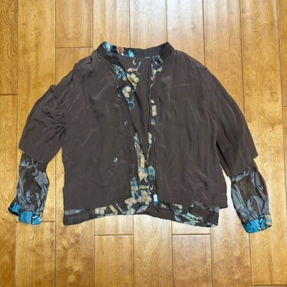 Citron Santa Monica Silk Rayon Button Top M Brown Artsy Lagenlook Boho *flaw - Picture 16 of 16
